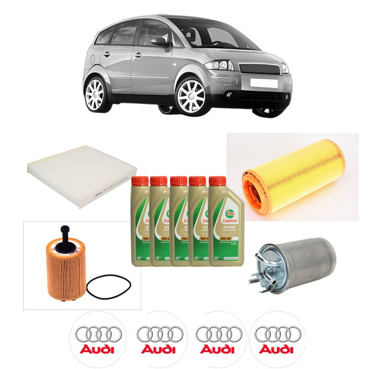 Pachet filtre revizie Bosch, 5 litrii ulei Castrol 5W40 AUDI A2 (8Z0) 1.4 TDI din 2000-2005, 4x Stickere auto cu AUDI