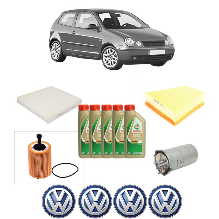 Pachet filtre revizie Bosch, 5 litri ulei Castrol 5W40 Volkswagen POLO IV (9N_, 9A_) 1.4 TDI din 2001-2005, 4x Stickere auto cu Volkswagen