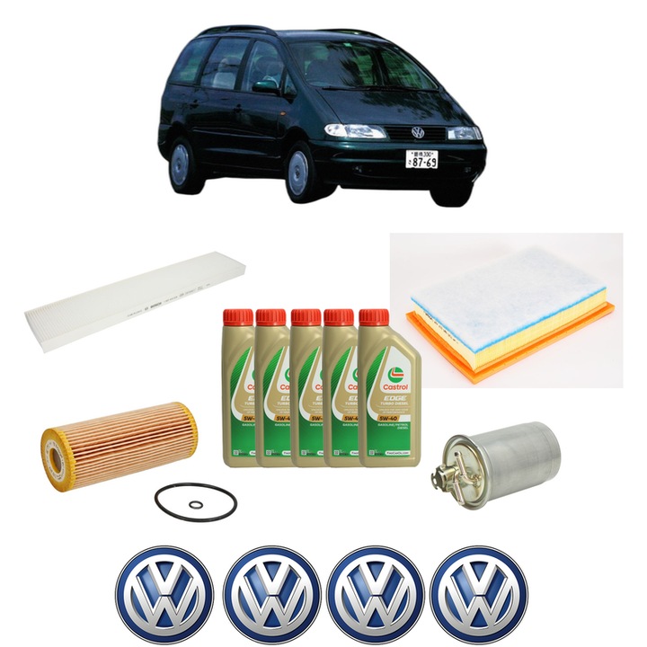Pachet filtre revizie Bosch, 5 litrii ulei Castrol 5W40 Volkswagen SHARAN VAN (7M_) 1.9 TDI (7M6, 7M9) din 2000-2010, 4x Stickere auto cu Volkswagen