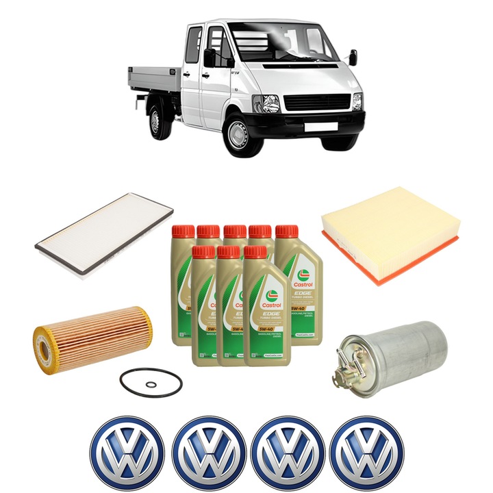 Pachet filtre revizie Bosch, 8 litrii ulei Castrol 5W40 Volkswagen LT 28-46 II Platform/Chassis (2DC, 2DF, 2DG, 2DL, 2DM) 2.5 TDI din 2001-2006, 4x Stickere auto cu Volkswagen