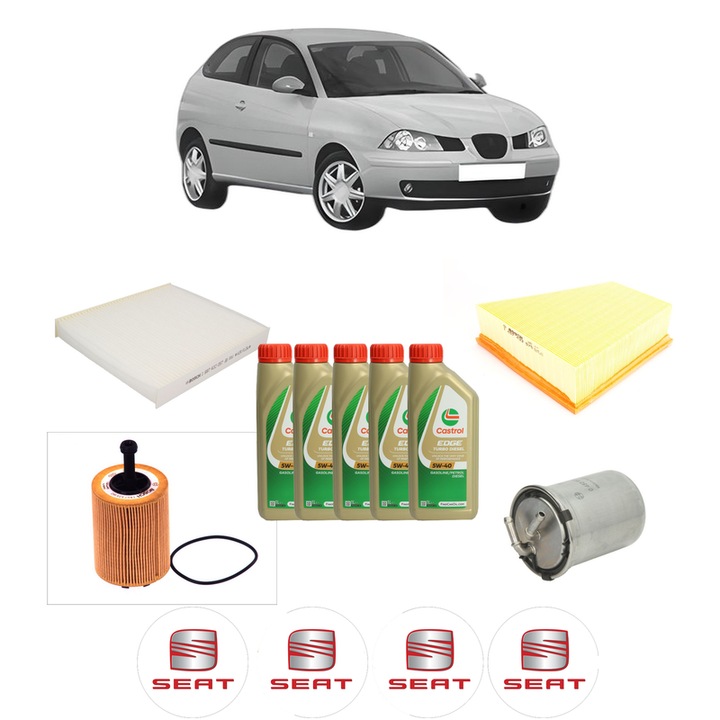 Pachet filtre revizie Bosch, 5 litrii ulei Castrol 5W40 SEAT IBIZA III (6L1) 1.4 TDI din 2002-2005, 4x Stickere auto cu SEAT