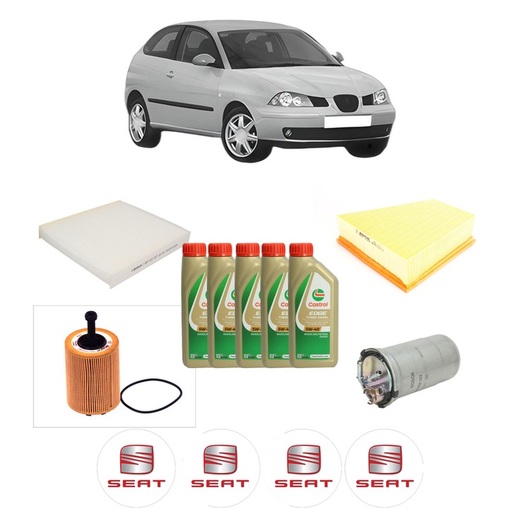 Pachet filtre revizie Bosch, 5 litrii ulei Castrol 5W40 SEAT IBIZA III (6L1) 1.9 TDI din 2002-2009, 4x Stickere auto cu SEAT