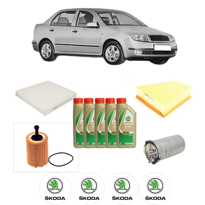 Pachet filtre revizie Bosch, 5 litrii ulei Castrol 5W40 SKODA FABIA I Saloon (6Y3) 1.4 TDI din 2003-2007, 4x Stickere auto cu SKODA