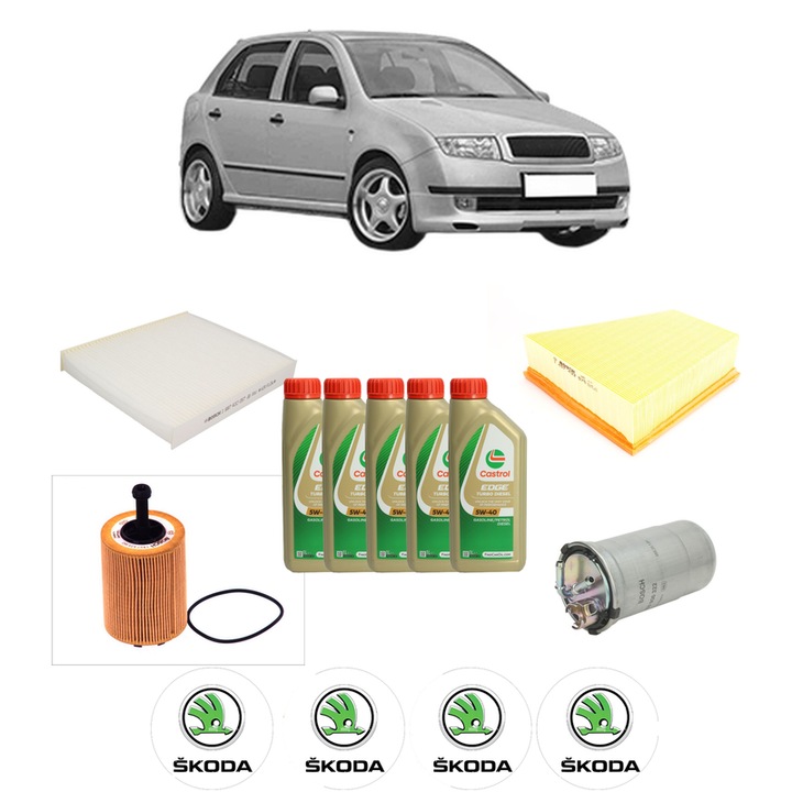 Pachet filtre revizie Bosch, 5 litrii ulei Castrol 5W40 SKODA FABIA I (6Y2) 1.9 TDI RS din 2003-2008, 4x Stickere auto cu SKODA
