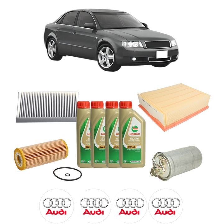 Pachet filtre revizie Bosch, 4 litrii ulei Castrol 5W40 AUDI A4 B6 (8E2) 1.9 TDI din 2004, 4x Stickere auto cu AUDI