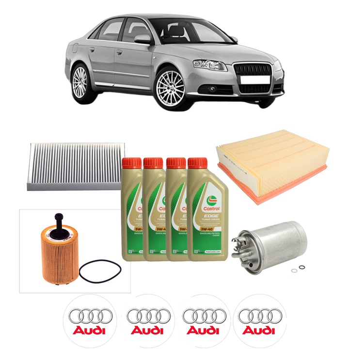 Pachet filtre revizie Bosch, 4 litrii ulei Castrol 5W40 AUDI A4 B7 (8EC) 2.0 TDI din 2004-2008, 4x Stickere auto cu AUDI
