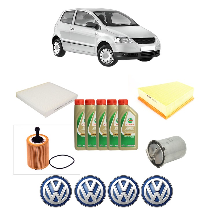 Pachet filtre revizie Bosch, 5 litrii ulei Castrol 5W40 Volkswagen FOX Hatchback (5Z1, 5Z3, 5Z4) 1.4 TDI din 2005-2009, 4x Stickere auto cu Volkswagen