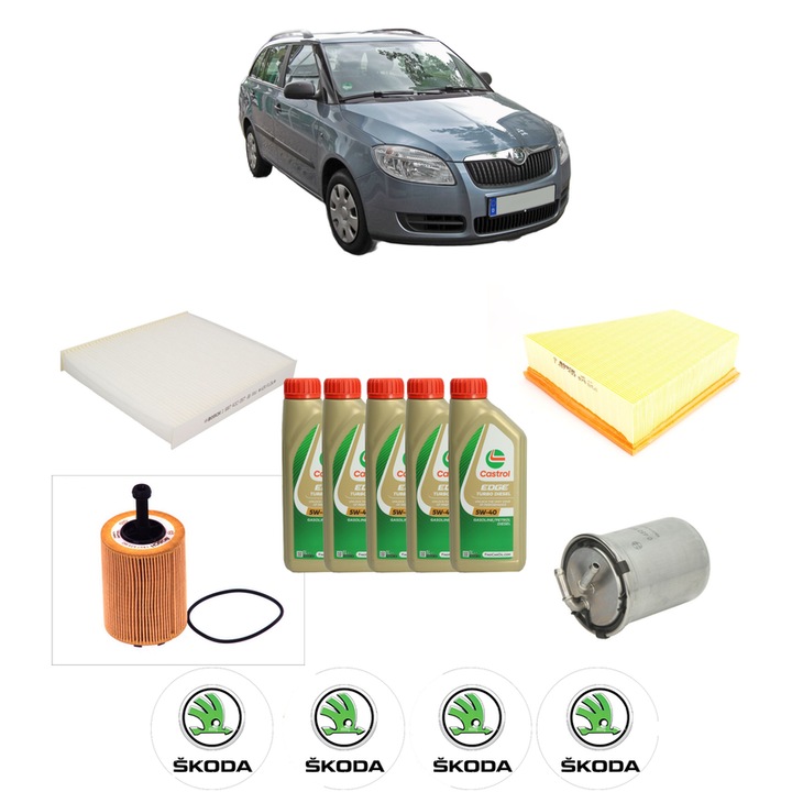 Pachet filtre revizie Bosch, 5 litrii ulei Castrol 5W40 SKODA FABIA II Combi (545) 1.4 TDI din 2007-2010, 4x Stickere auto cu SKODA