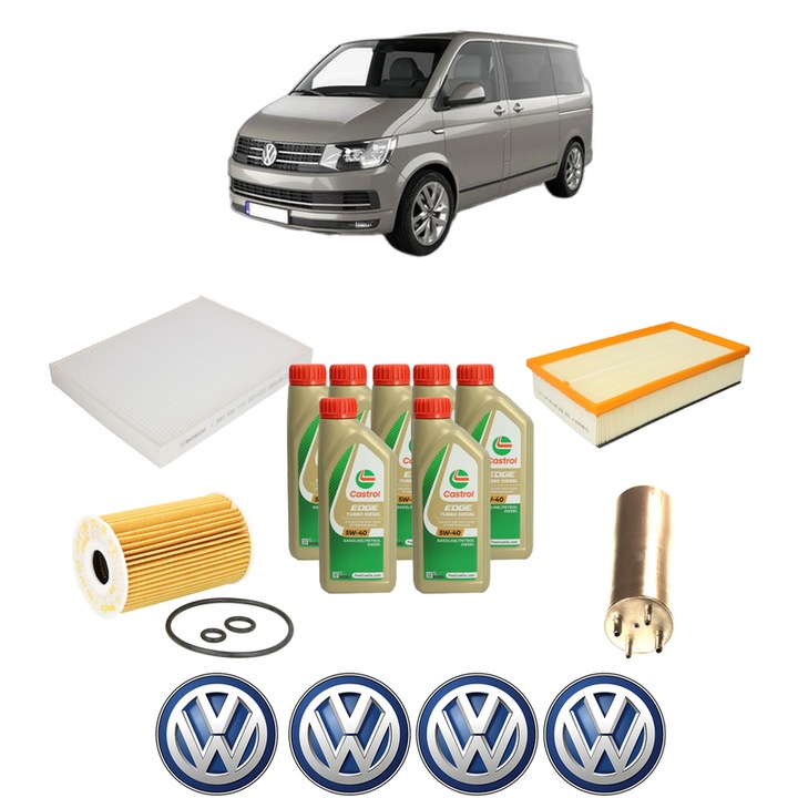 Pachet filtre revizie Bosch, 7 litrii ulei Castrol 5W40 Volkswagen MULTIVAN T5 (7HM, 7HN, 7HF, 7EF, 7EM, 7EN) 2.0 TDI din 2009-2015, 4x Stickere auto cu Volkswagen