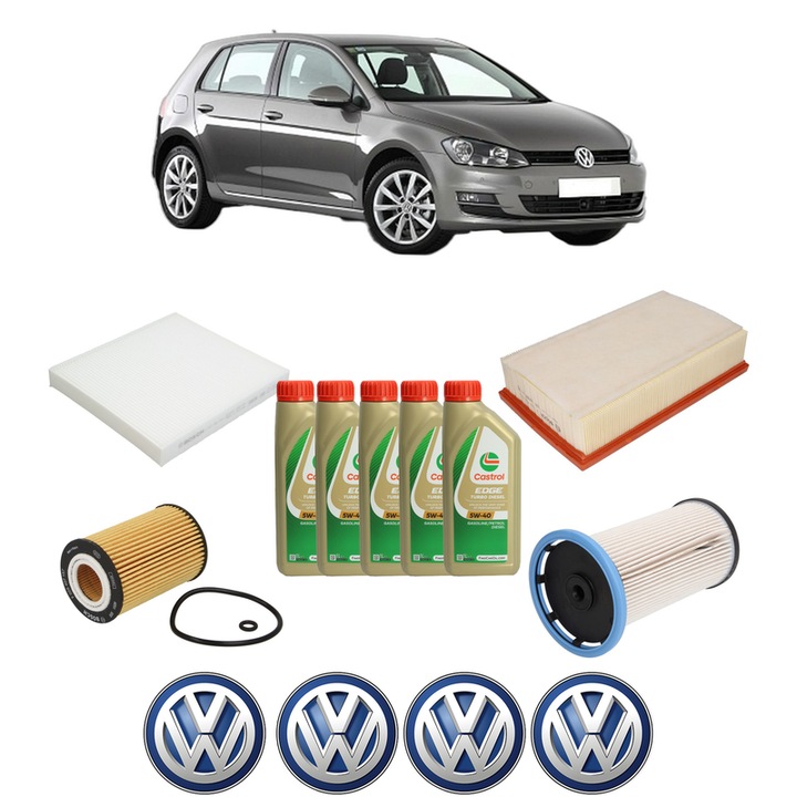 Pachet filtre revizie Bosch, 5 litrii ulei Castrol 5W40 Volkswagen GOLF VII (5G1, BQ1, BE1, BE2) 2.0 TDI din 2012-2020, 4x Stickere auto cu Volkswagen