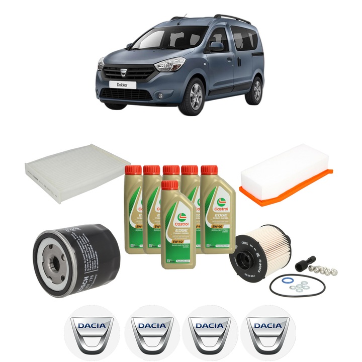 Pachet filtre revizie Bosch, 6 litrii ulei Castrol 5W40 DACIA DOKKER Box Body/MPV 1.5 dCi 75 / Blue dCi 75 (FEJW, FEAH) din 2012-2021, 4x Stickere auto cu DACIA