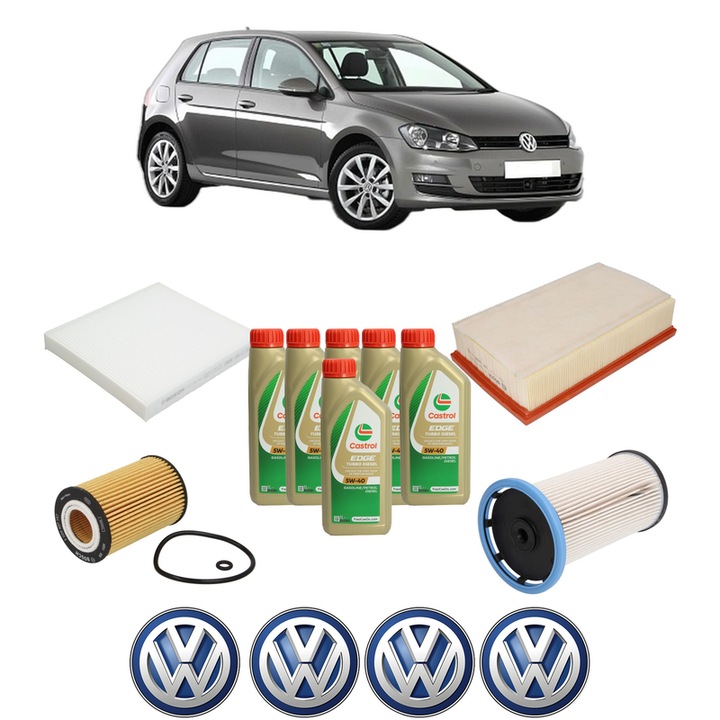Pachet filtre revizie Bosch, 6 litrii ulei Castrol 5W40 Volkswagen GOLF VII (5G1, BQ1, BE1, BE2) 2.0 TDI din 2012-2020, 4x Stickere auto cu Volkswagen