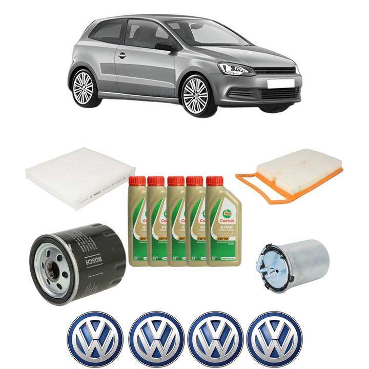 Pachet filtre revizie Bosch, 5 litrii ulei Castrol 5W40 Volkswagen POLO V (6R1, 6C1) 1.4 TDI din 2014-2017, 4x Stickere auto cu Volkswagen