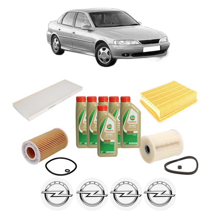 Pachet filtre revizie Bosch, 6 litrii ulei Castrol 5W40 OPEL VECTRA B (J96) 2.2 DTI 16V (F19) din 2000-2002, 4x Stickere auto cu OPEL