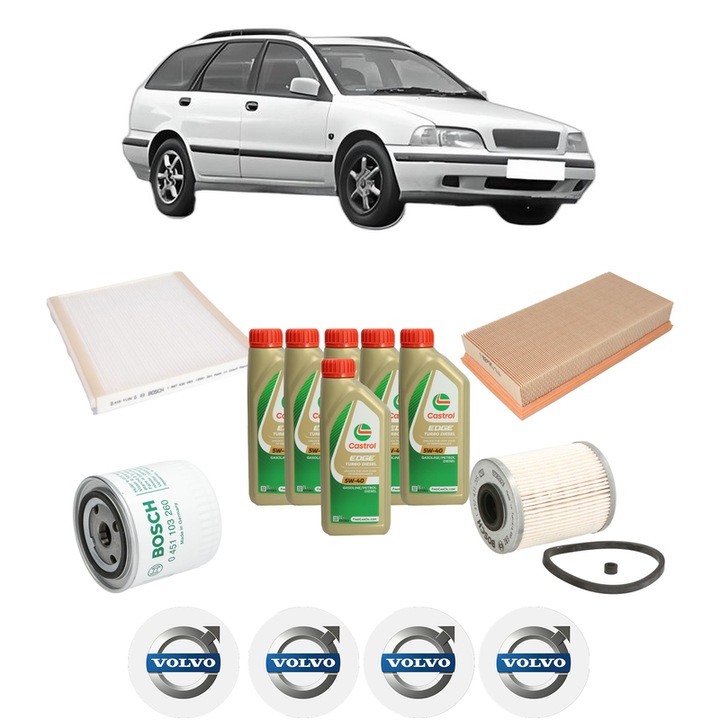 Pachet filtre revizie Bosch, 6 litrii ulei Castrol 5W40 VOLVO V40 Estate (645) 1.9 DI din 2000-2004, 4x Stickere auto cu VOLVO