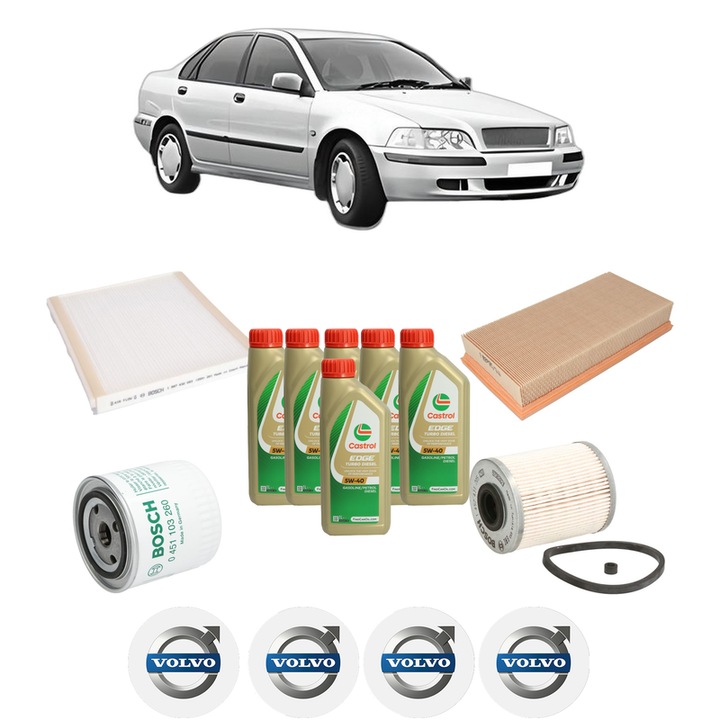 Pachet filtre revizie Bosch, 6 litrii ulei Castrol 5W40 VOLVO S40 I (644) 1.9 DI din 2000-2003, 4x Stickere auto cu VOLVO