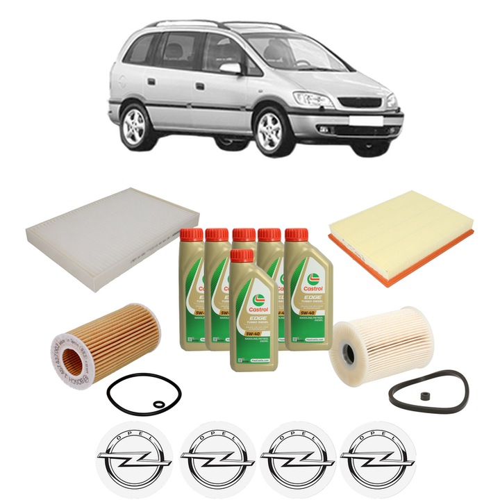 Pachet filtre revizie Bosch, 6 litrii ulei Castrol 5W40 OPEL ZAFIRA A MPV (T98) 2.0 DTI 16V (F75) din 2000-2005, 4x Stickere auto cu OPEL