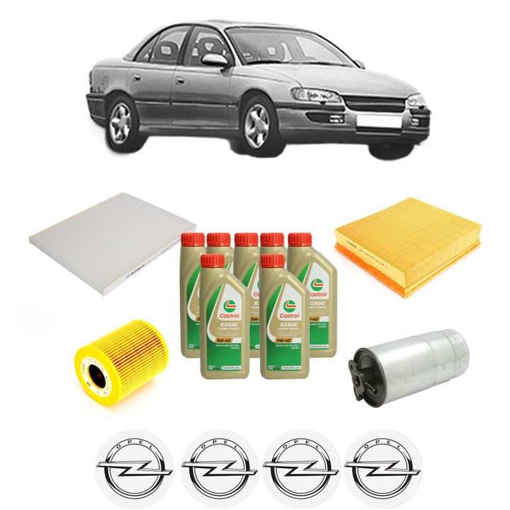 Pachet filtre revizie Bosch, 7 litrii ulei Castrol 5W40 OPEL OMEGA B (V94) 2.5 DTI (F69, M69, P69) din 2001-2003, 4x Stickere auto cu OPEL
