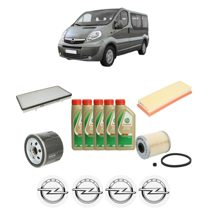 Pachet filtre revizie Bosch, 5 litrii ulei Castrol 5W40 OPEL VIVARO A Bus (X83) 1.9 DI (F7, J7, A07) din 2001-2006, 4x Stickere auto cu OPEL