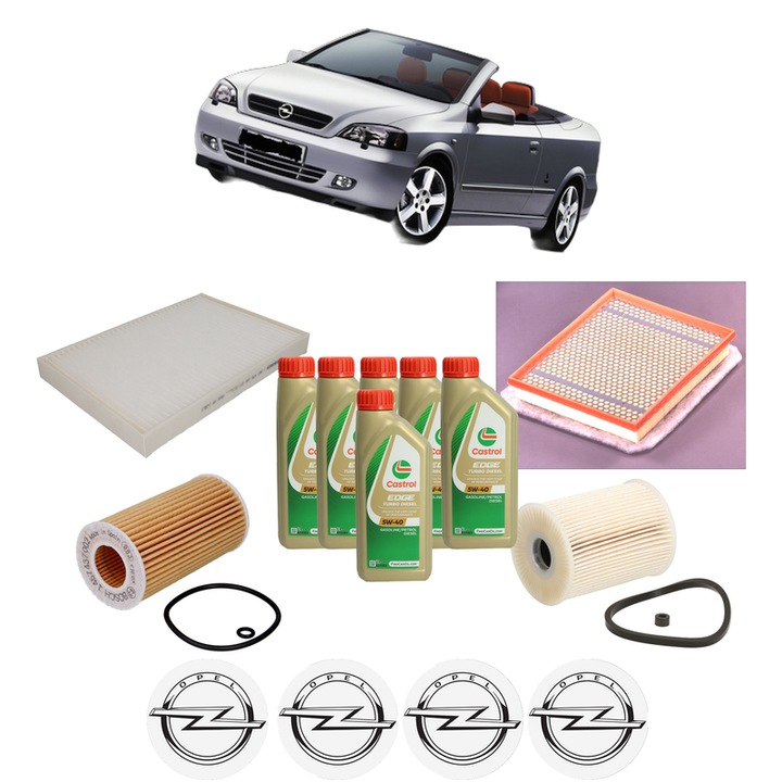 Pachet filtre revizie Bosch, 6 litrii ulei Castrol 5W40 OPEL ASTRA G Convertible (T98) 2.2 DTI (F67) din 2002-2005, 4x Stickere auto cu OPEL