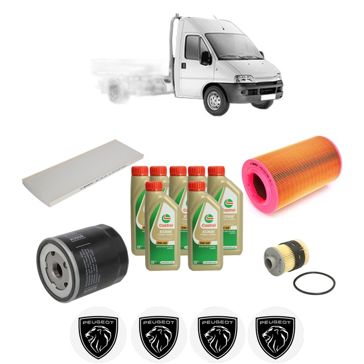 Pachet filtre revizie Bosch, 7 litrii ulei Castrol 5W40 PEUGEOT BOXER Platform/Chassis (244) 2.0 HDi din 2001-2006, 4x Stickere auto cu PEUGEOT