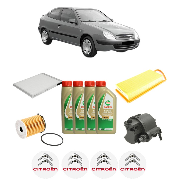 Pachet filtre revizie Bosch, 4 litrii ulei Castrol 5W40 CITROEN XSARA Coupe (N0) 1.4 HDi din 2003-2005, 4x Stickere auto cu CITROEN