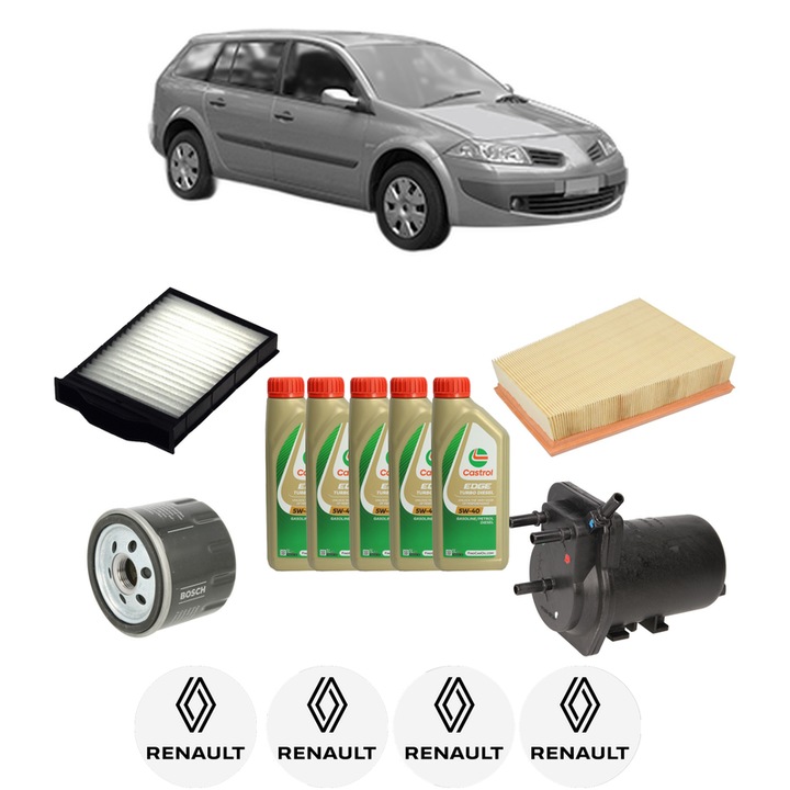 Pachet filtre revizie Bosch, 5 litrii ulei Castrol 5W40 RENAULT MEGANE II Estate Van (KM_) 1.5 dCi (KM02) din 2003-2009, 4x Stickere auto cu RENAULT