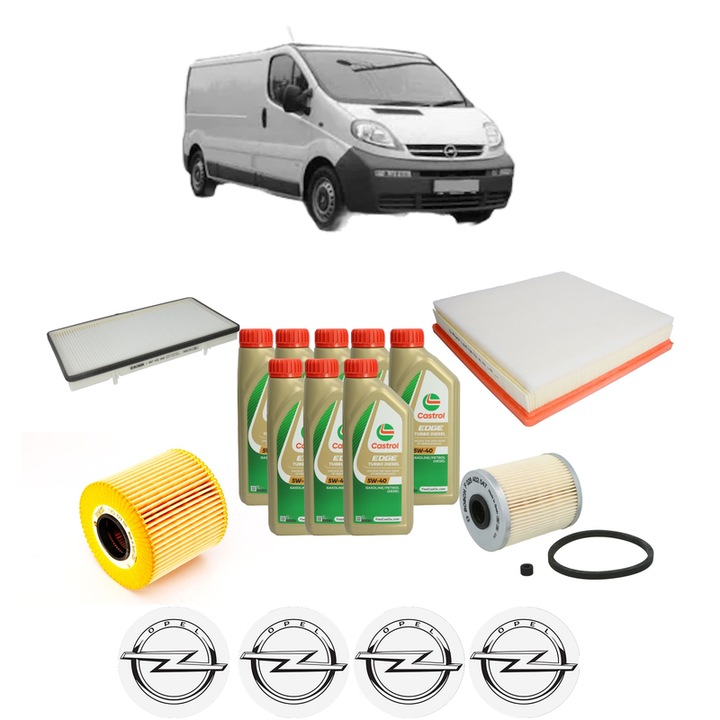 Pachet filtre revizie Bosch, 8 litrii ulei Castrol 5W40 OPEL VIVARO A Van (X83) 2.5 DTI (F7) din 2003-2010, 4x Stickere auto cu OPEL