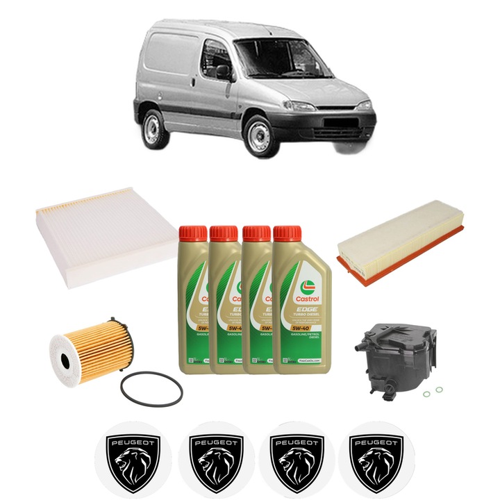 Pachet filtre revizie Bosch, 4 litrii ulei Castrol 5W40 PEUGEOT PARTNER Box Body/MPV (5_, G_) 1.6 HDi 90 din 2005-2015, 4x Stickere auto cu PEUGEOT