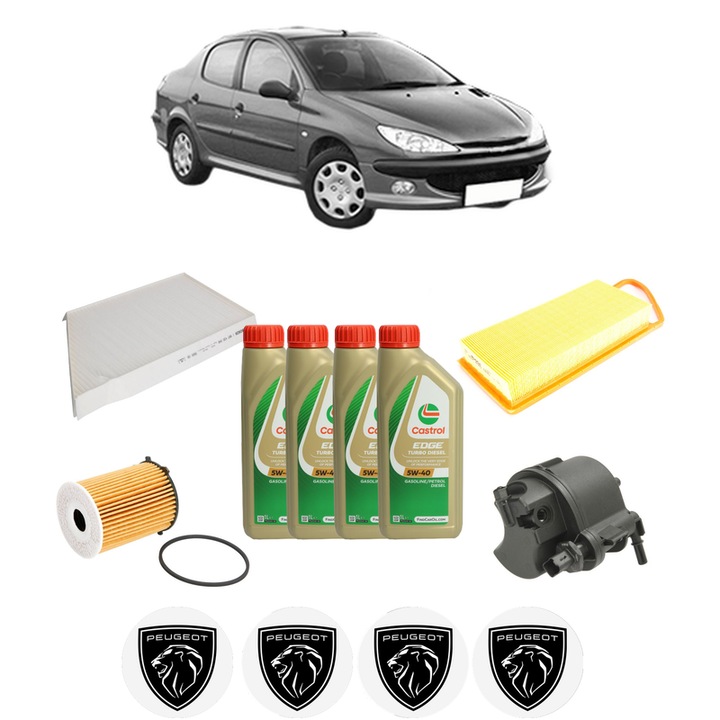 Pachet filtre revizie Bosch, 4 litrii ulei Castrol 5W40 PEUGEOT 206 Saloon 1.4 HDi eco 70 din 2008, 4x Stickere auto cu PEUGEOT
