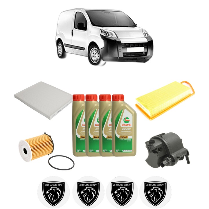 Pachet filtre revizie Bosch, 4 litrii ulei Castrol 5W40 PEUGEOT BIPPER (AA_) 1.4 HDi din 2008, 4x Stickere auto cu PEUGEOT