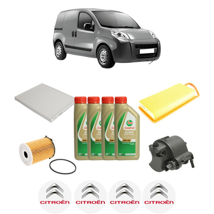 Pachet filtre revizie Bosch, 4 litrii ulei Castrol 5W40 CITROEN NEMO Box Body/MPV (AA_) 1.4 HDi din 2008, 4x Stickere auto cu CITROEN