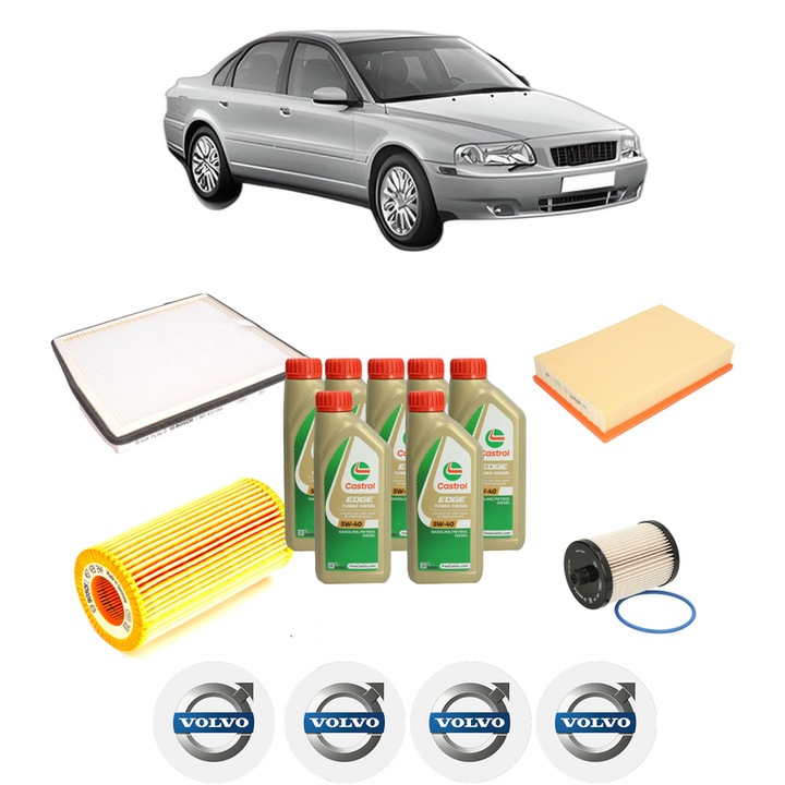 Pachet filtre revizie Bosch, 7 litrii ulei Castrol 5W40 VOLVO S80 I (184) D5 din 2001-2006, 4x Stickere auto cu VOLVO