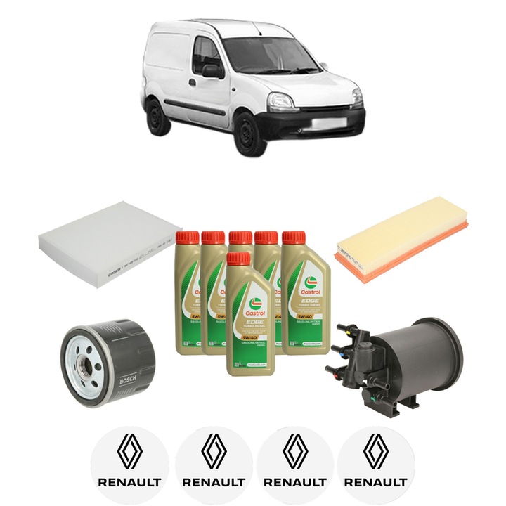 Pachet filtre revizie Bosch, 6 litrii ulei Castrol 5W40 RENAULT KANGOO Express (FC0/1_) 1.9 dCi 4x4 (FC0V) din 2003, 4x Stickere auto cu RENAULT