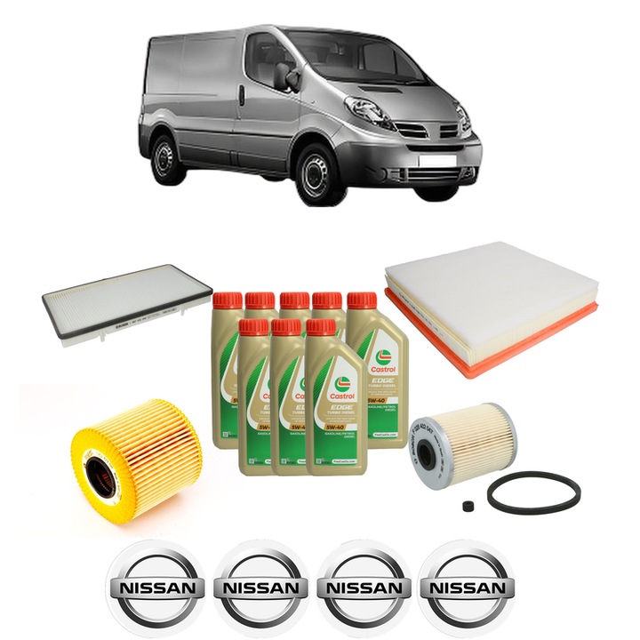 Pachet filtre revizie Bosch, 8 litrii ulei Castrol 5W40 NISSAN PRIMASTAR Van (X83) 2.5 dCi 140 din 2003, 4x Stickere auto cu NISSAN