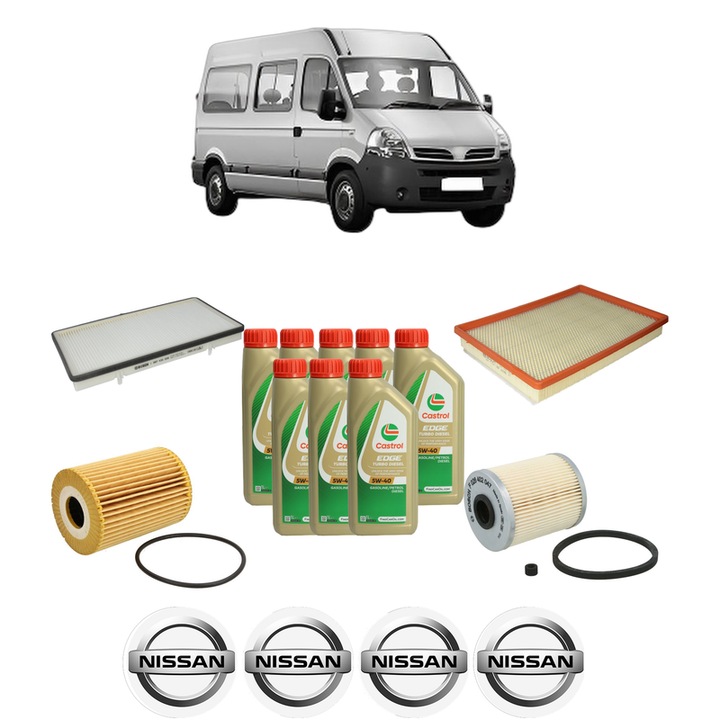 Pachet filtre revizie Bosch, 8 litrii ulei Castrol 5W40 NISSAN INTERSTAR Van (X70) dCi 140 din 2003, 4x Stickere auto cu NISSAN