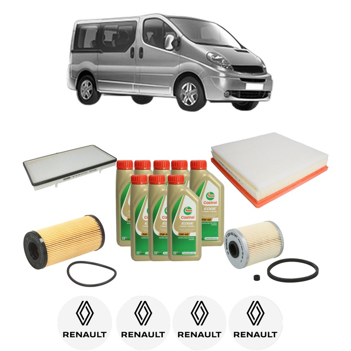 Pachet filtre revizie Bosch, 8 litri ulei Castrol 5W40 RENAULT TRAFIC II Bus (JL) 2.0 dCi 115 (JL00, JL01, JL0H, JL0M, JL0U) din 2006, 4x Stickere auto cu RENAULT