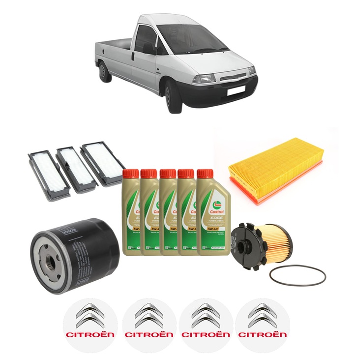 Pachet filtre revizie Bosch, 5 litrii ulei Castrol 5W40 CITROEN JUMPY I Platform/Chassis (BU_, BV_, BW_, BX_) 1.9 TD din 2000-2006, 4x Stickere auto cu CITROEN