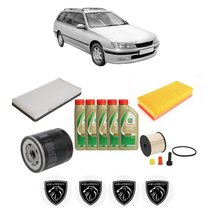 Pachet filtre revizie Bosch, 5 litrii ulei Castrol 5W40 PEUGEOT 406 Break (8E/F) 2.2 HDi din 2000-2004, 4x Stickere auto cu PEUGEOT
