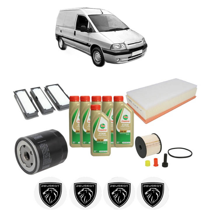 Pachet filtre revizie Bosch, 6 litrii ulei Castrol 5W40 PEUGEOT EXPERT Van (222) 2.0 HDI din 2000-2006, 4x Stickere auto cu PEUGEOT