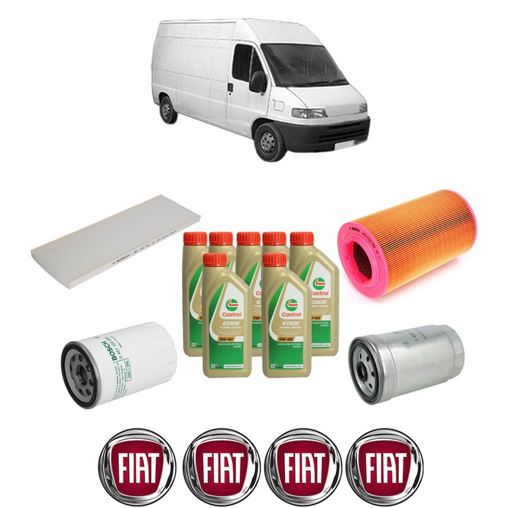 Pachet filtre revizie Bosch, 7 litrii ulei Castrol 5W40 FIAT DUCATO Van (230_) 2.0 JTD din 2001-2002, 4x Stickere auto cu FIAT