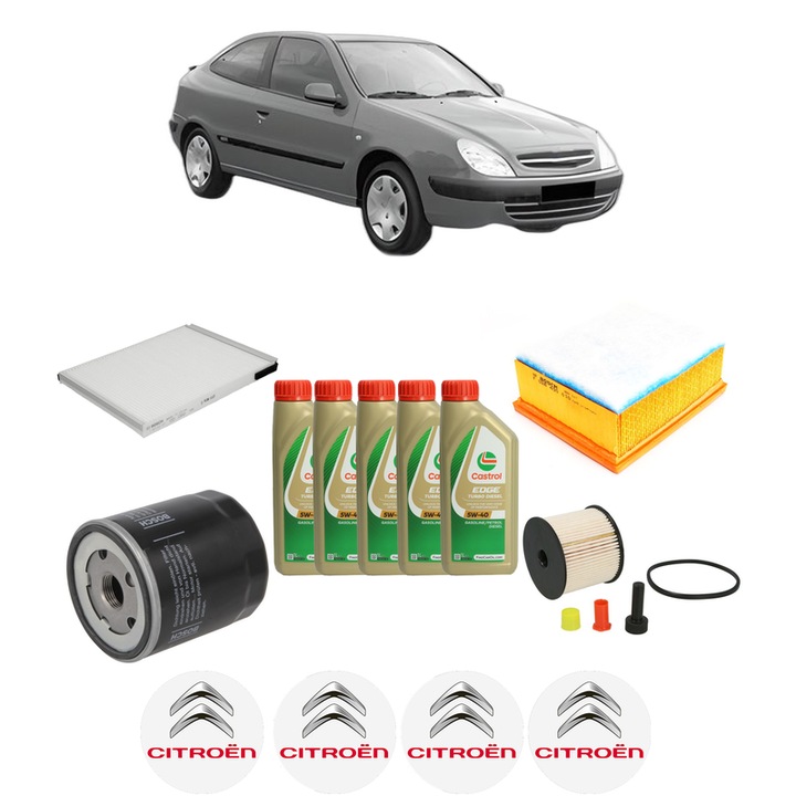 Pachet filtre revizie Bosch, 5 litrii ulei Castrol 5W40 CITROEN XSARA Coupe (N0) 2.0 HDi 109 din 2001-2005, 4x Stickere auto cu CITROEN