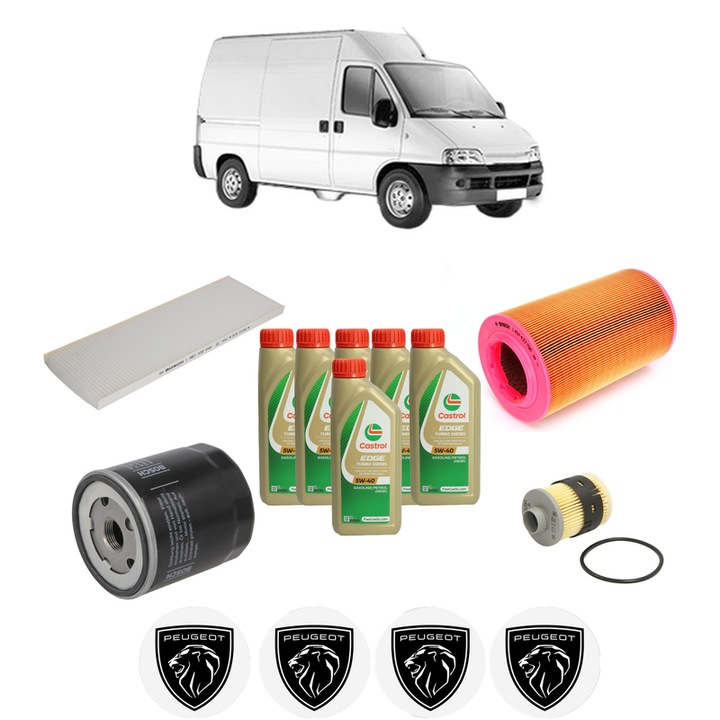 Pachet filtre revizie Bosch, 6 litrii ulei Castrol 5W40 PEUGEOT BOXER Van (244) 2.2 HDi din 2001-2006, 4x Stickere auto cu PEUGEOT