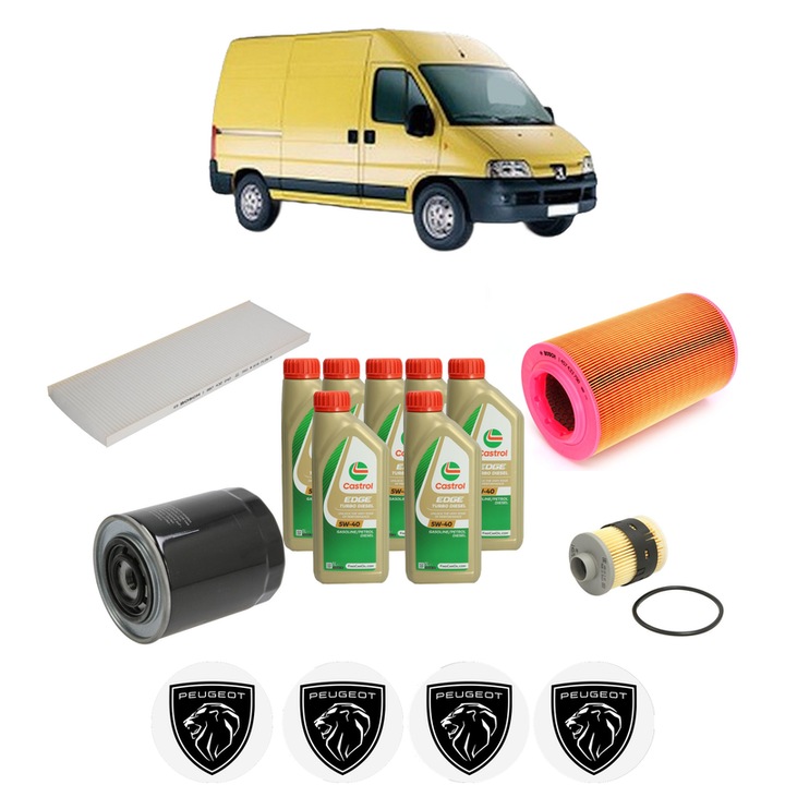 Pachet filtre revizie Bosch, 7 litrii ulei Castrol 5W40 PEUGEOT BOXER Bus (244, Z_) 2.8 HDi din 2001-2006, 4x Stickere auto cu PEUGEOT
