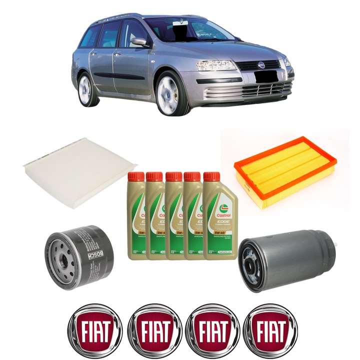 Pachet filtre revizie Bosch, 5 litrii ulei Castrol 5W40 FIAT STILO (192_) 1.9 JTD (192_XE1A) din 2001-2006, 4x Stickere auto cu FIAT