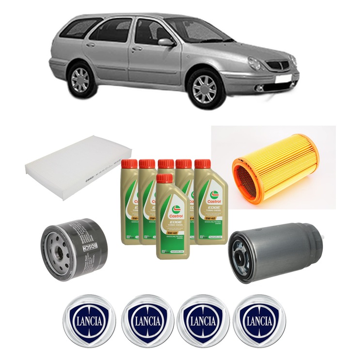 Pachet filtre revizie Bosch, 6 litrii ulei Castrol 5W40 LANCIA LYBRA SW (839_) 2.4 JTD (839.BXE1A) din 2002-2005, 4x Stickere auto cu LANCIA