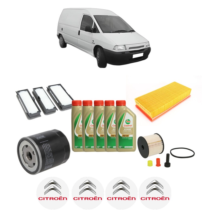 Pachet filtre revizie Bosch, 5 litrii ulei Castrol 5W40 CITROEN JUMPY I Van (BS_, BT_, BY_, BZ_) 2.0 HDi 110 din 2002-2006, 4x Stickere auto cu CITROEN