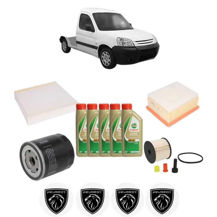 Pachet filtre revizie Bosch, 5 litrii ulei Castrol 5W40 PEUGEOT PARTNER Platform/Chassis (5_, G_) 2.0 HDi din 2002-2008, 4x Stickere auto cu PEUGEOT