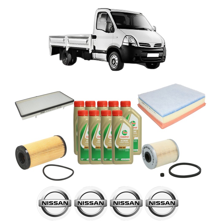 Pachet filtre revizie Bosch, 9 litrii ulei Castrol 5W40 NISSAN INTERSTAR Platform/Chassis (X70) dCi 115 din 2003, 4x Stickere auto cu NISSAN