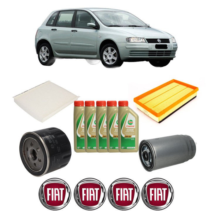 Pachet filtre revizie Bosch, 5 litrii ulei Castrol 5W40 FIAT STILO VAN (192_) 1.9 JTD (192DXG1B) din 2003-2005, 4x Stickere auto cu FIAT